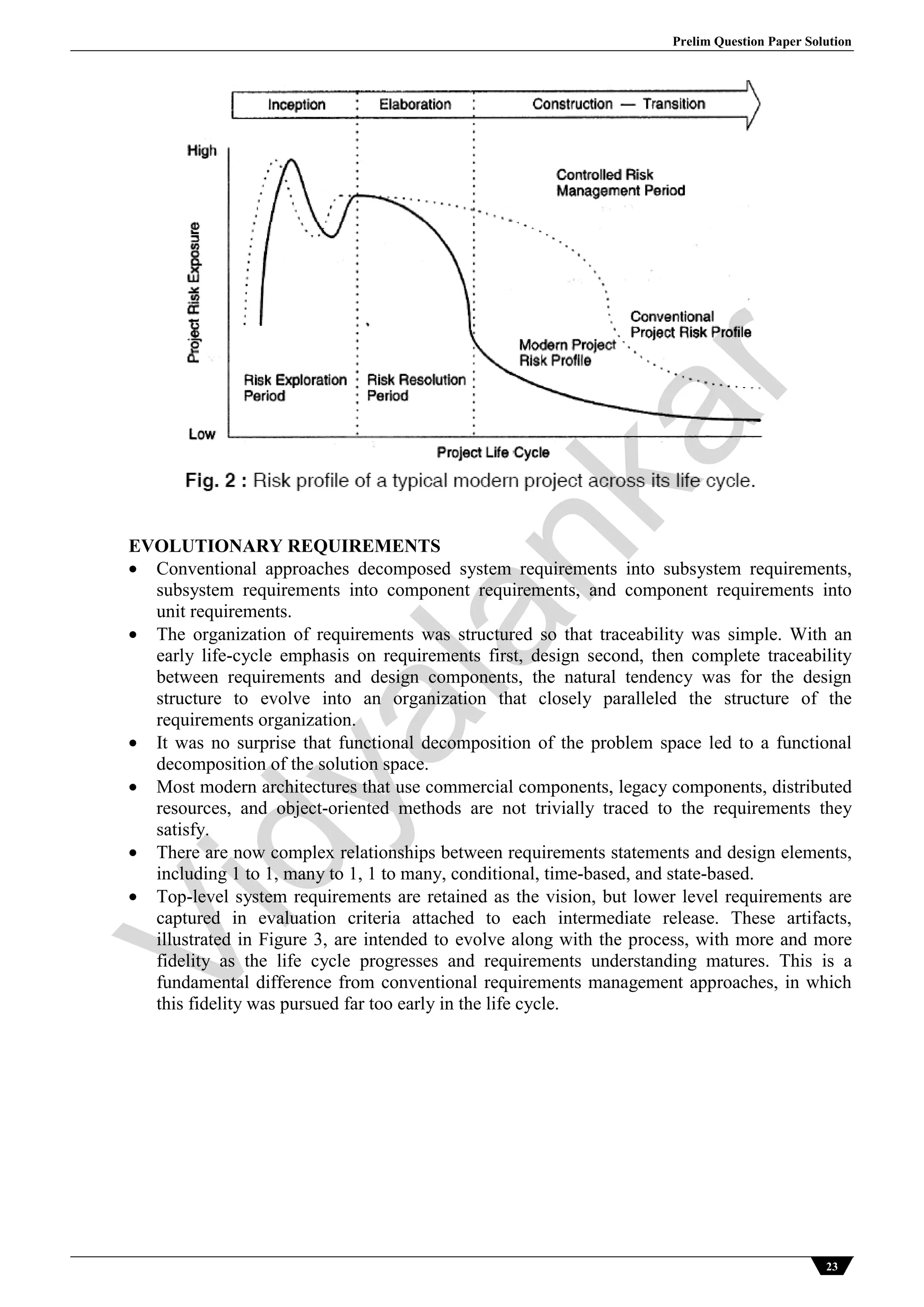 Prelim Question Paper Solution
23
EVOLUTIONARY REQUIREMENTS
 Conventional approaches decomposed system requirements into subsystem requirements,
subsystem requirements into component requirements, and component requirements into
unit requirements.
 The organization of requirements was structured so that traceability was simple. With an
early life-cycle emphasis on requirements first, design second, then complete traceability
between requirements and design components, the natural tendency was for the design
structure to evolve into an organization that closely paralleled the structure of the
requirements organization.
 It was no surprise that functional decomposition of the problem space led to a functional
decomposition of the solution space.
 Most modern architectures that use commercial components, legacy components, distributed
resources, and object-oriented methods are not trivially traced to the requirements they
satisfy.
 There are now complex relationships between requirements statements and design elements,
including 1 to 1, many to 1, 1 to many, conditional, time-based, and state-based.
 Top-level system requirements are retained as the vision, but lower level requirements are
captured in evaluation criteria attached to each intermediate release. These artifacts,
illustrated in Figure 3, are intended to evolve along with the process, with more and more
fidelity as the life cycle progresses and requirements understanding matures. This is a
fundamental difference from conventional requirements management approaches, in which
this fidelity was pursued far too early in the life cycle.
Vidyalankar
 