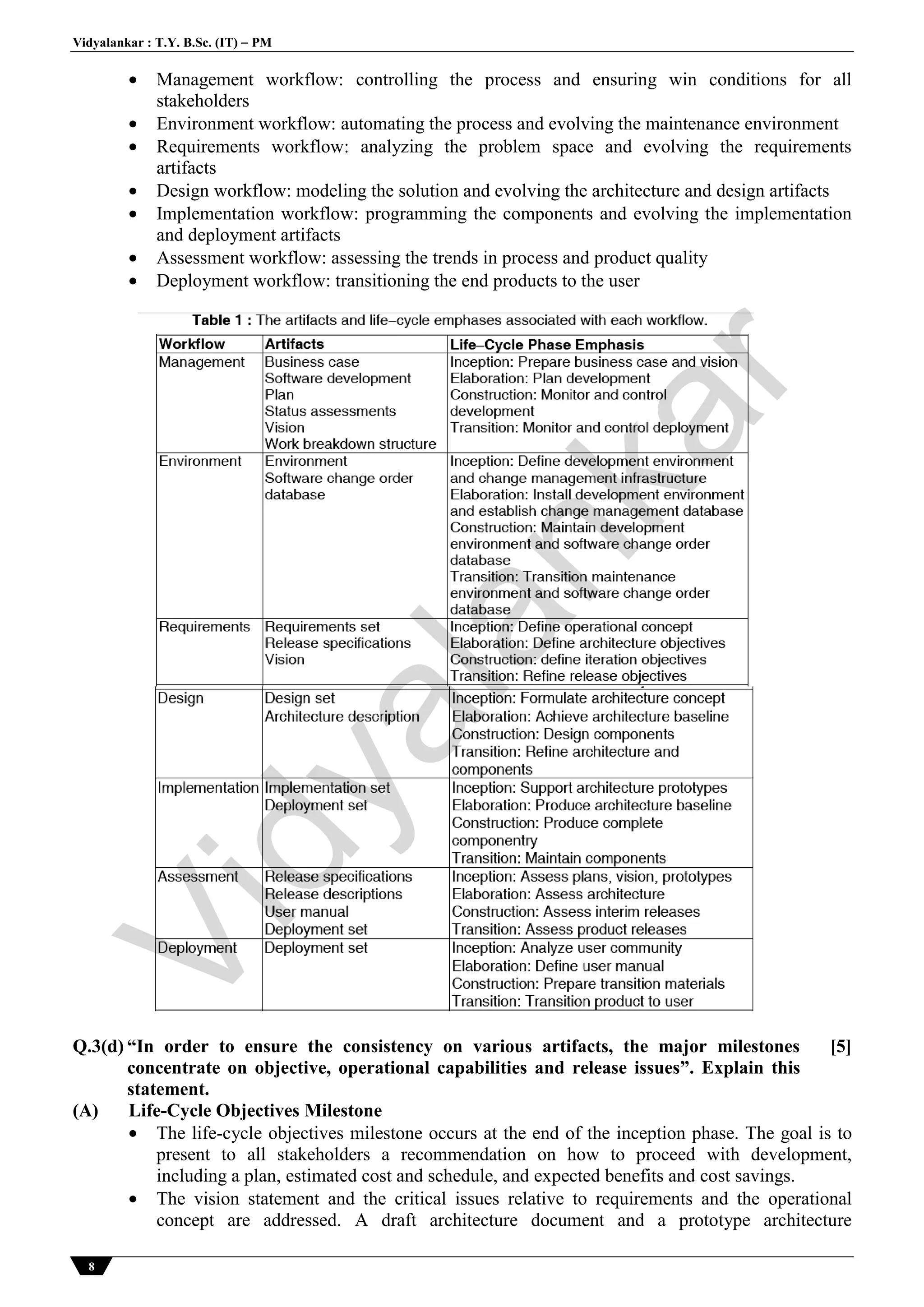 Vidyalankar : T.Y. B.Sc. (IT)  PM
8
 Management workflow: controlling the process and ensuring win conditions for all
stakeholders
 Environment workflow: automating the process and evolving the maintenance environment
 Requirements workflow: analyzing the problem space and evolving the requirements
artifacts
 Design workflow: modeling the solution and evolving the architecture and design artifacts
 Implementation workflow: programming the components and evolving the implementation
and deployment artifacts
 Assessment workflow: assessing the trends in process and product quality
 Deployment workflow: transitioning the end products to the user
Q.3(d) “In order to ensure the consistency on various artifacts, the major milestones
concentrate on objective, operational capabilities and release issues”. Explain this
statement.
[5]
(A) Life-Cycle Objectives Milestone
 The life-cycle objectives milestone occurs at the end of the inception phase. The goal is to
present to all stakeholders a recommendation on how to proceed with development,
including a plan, estimated cost and schedule, and expected benefits and cost savings.
 The vision statement and the critical issues relative to requirements and the operational
concept are addressed. A draft architecture document and a prototype architecture
Vidyalankar
 