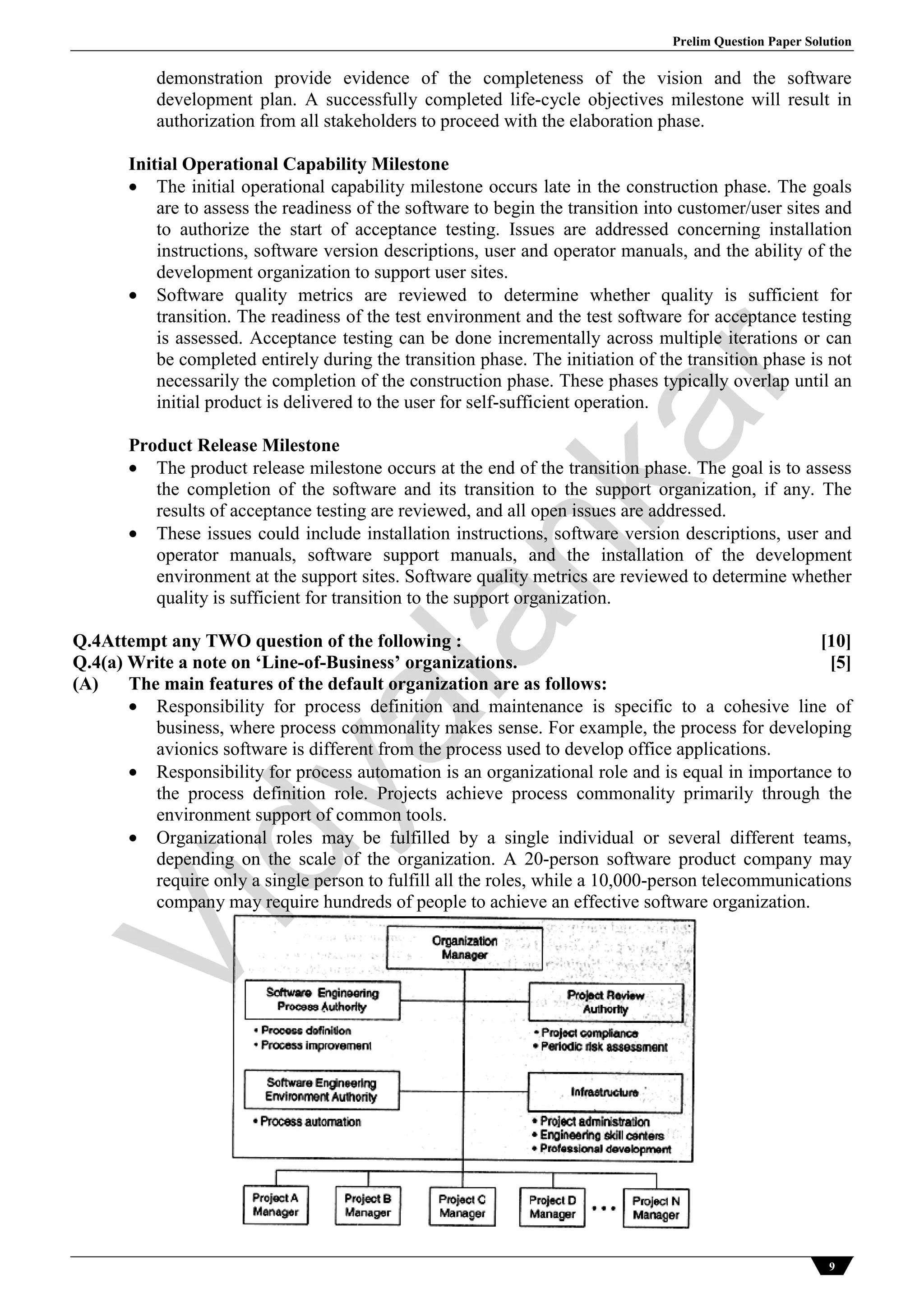 Prelim Question Paper Solution
9
demonstration provide evidence of the completeness of the vision and the software
development plan. A successfully completed life-cycle objectives milestone will result in
authorization from all stakeholders to proceed with the elaboration phase.
Initial Operational Capability Milestone
 The initial operational capability milestone occurs late in the construction phase. The goals
are to assess the readiness of the software to begin the transition into customer/user sites and
to authorize the start of acceptance testing. Issues are addressed concerning installation
instructions, software version descriptions, user and operator manuals, and the ability of the
development organization to support user sites.
 Software quality metrics are reviewed to determine whether quality is sufficient for
transition. The readiness of the test environment and the test software for acceptance testing
is assessed. Acceptance testing can be done incrementally across multiple iterations or can
be completed entirely during the transition phase. The initiation of the transition phase is not
necessarily the completion of the construction phase. These phases typically overlap until an
initial product is delivered to the user for self-sufficient operation.
Product Release Milestone
 The product release milestone occurs at the end of the transition phase. The goal is to assess
the completion of the software and its transition to the support organization, if any. The
results of acceptance testing are reviewed, and all open issues are addressed.
 These issues could include installation instructions, software version descriptions, user and
operator manuals, software support manuals, and the installation of the development
environment at the support sites. Software quality metrics are reviewed to determine whether
quality is sufficient for transition to the support organization.
Q.4Attempt any TWO question of the following : [10]
Q.4(a) Write a note on ‘Line-of-Business’ organizations. [5]
(A) The main features of the default organization are as follows:
 Responsibility for process definition and maintenance is specific to a cohesive line of
business, where process commonality makes sense. For example, the process for developing
avionics software is different from the process used to develop office applications.
 Responsibility for process automation is an organizational role and is equal in importance to
the process definition role. Projects achieve process commonality primarily through the
environment support of common tools.
 Organizational roles may be fulfilled by a single individual or several different teams,
depending on the scale of the organization. A 20-person software product company may
require only a single person to fulfill all the roles, while a 10,000-person telecommunications
company may require hundreds of people to achieve an effective software organization.
Vidyalankar
 