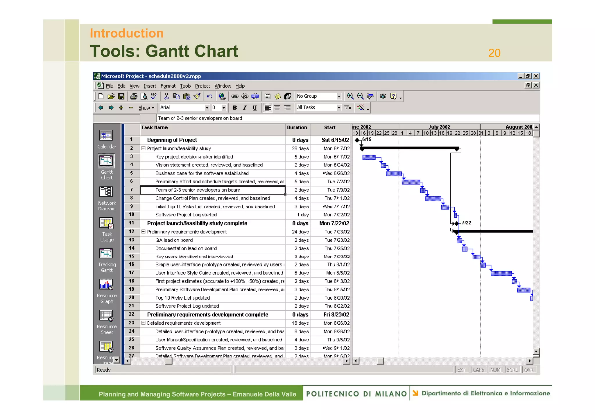 Introduction
Tools: Gantt Chart                                                20




 Planning and Managing Software Projects – Emanuele Della Valle
 