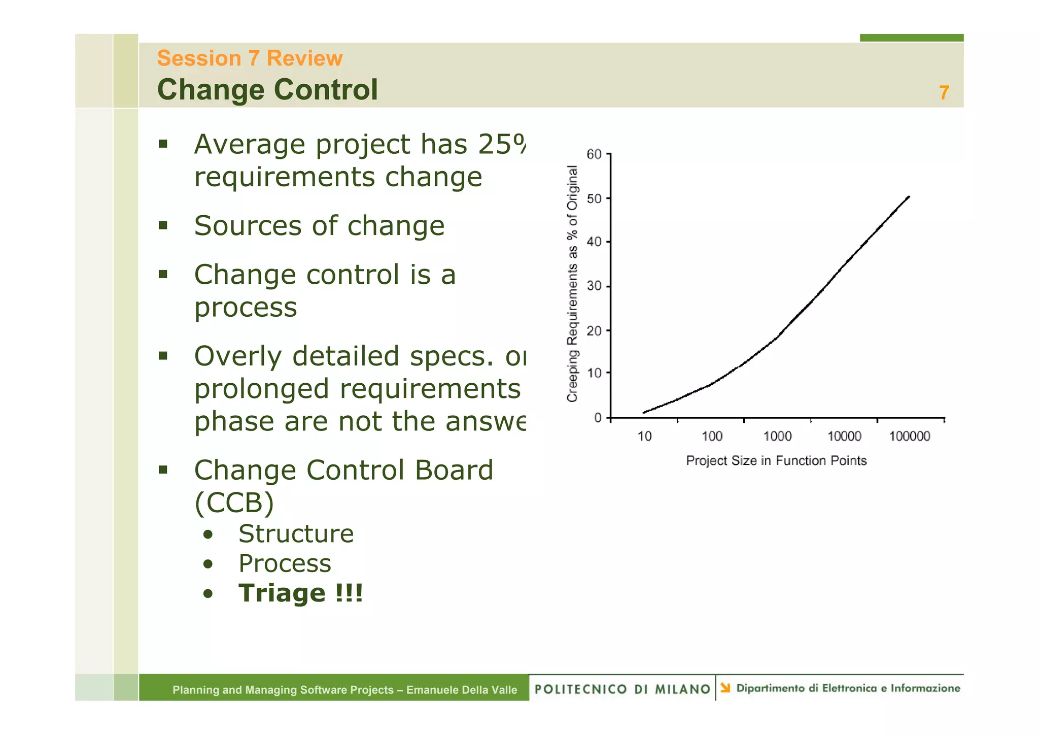 Session 7 Review
Change Control                                                    7

    Average project has 25%
    requirements change
    Sources of change
    C a ge co t o s
    Change control is a
    process
    Overly detailed specs. or
         y           p
    prolonged requirements
    phase are not the answer
    Change Control Board
    (CCB)
      • Structure
      • Process
      • Triage !!!


 Planning and Managing Software Projects – Emanuele Della Valle
 