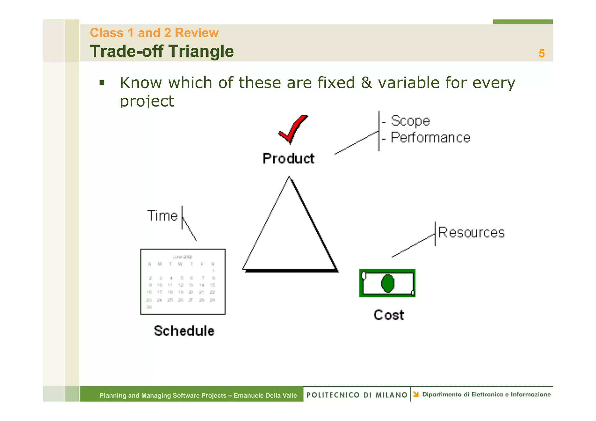 Class 1 and 2 Review
Trade-off Triangle                                                5

 §  Know which of these are fixed & variable for every
     project




 Planning and Managing Software Projects – Emanuele Della Valle
 