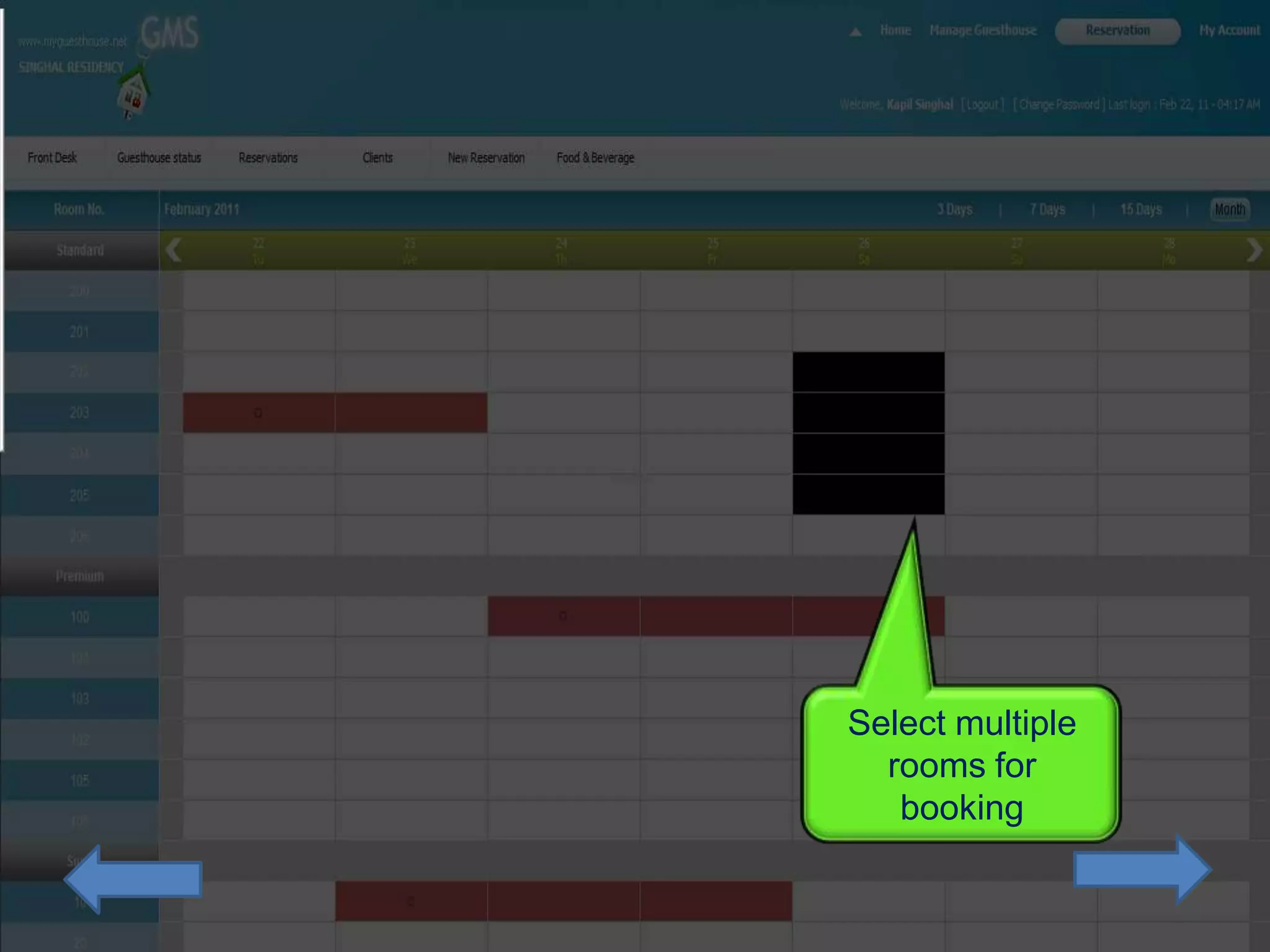 Select multiple
  rooms for
   booking
 