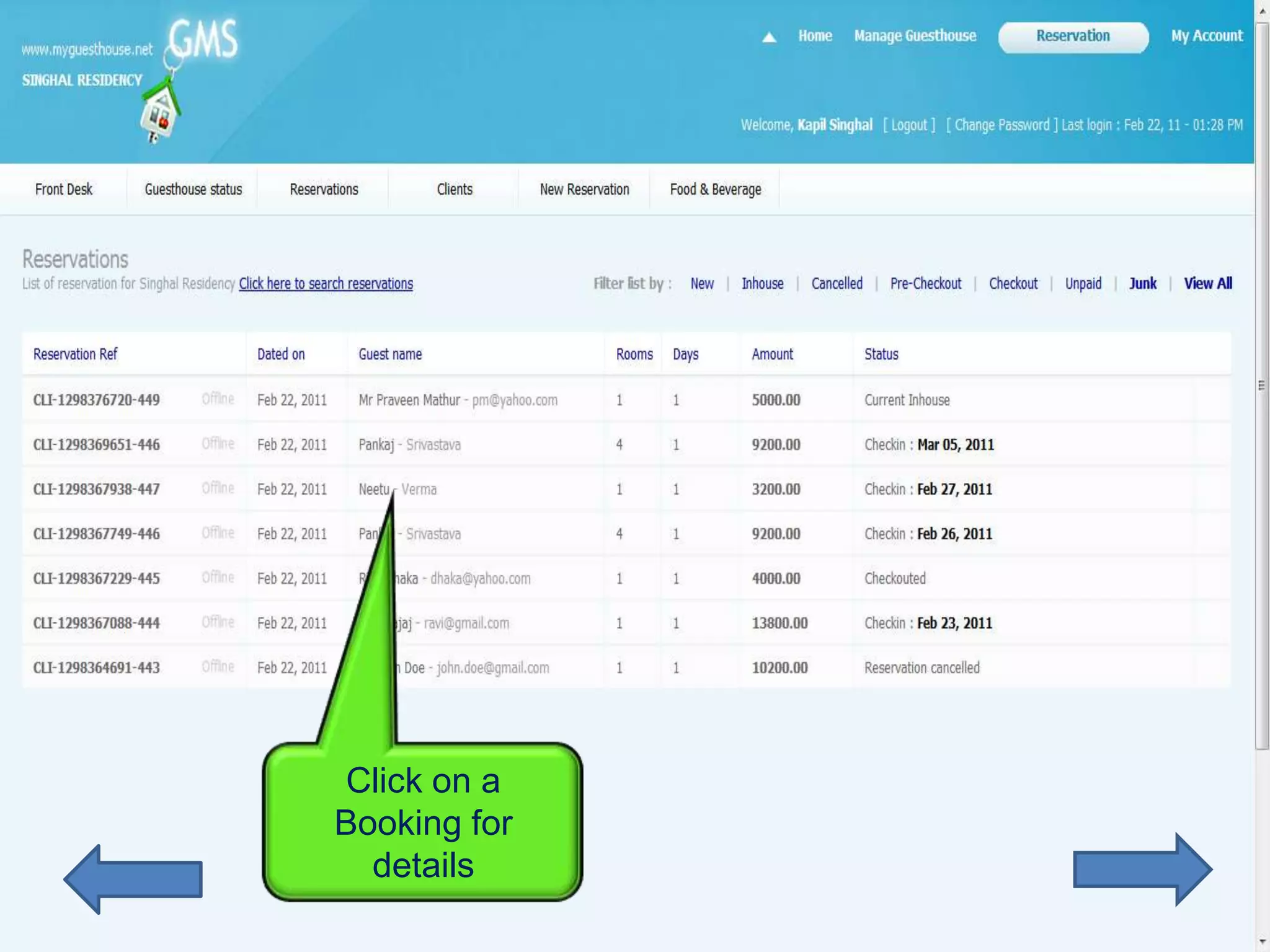 Click on a
Booking for
  details
 