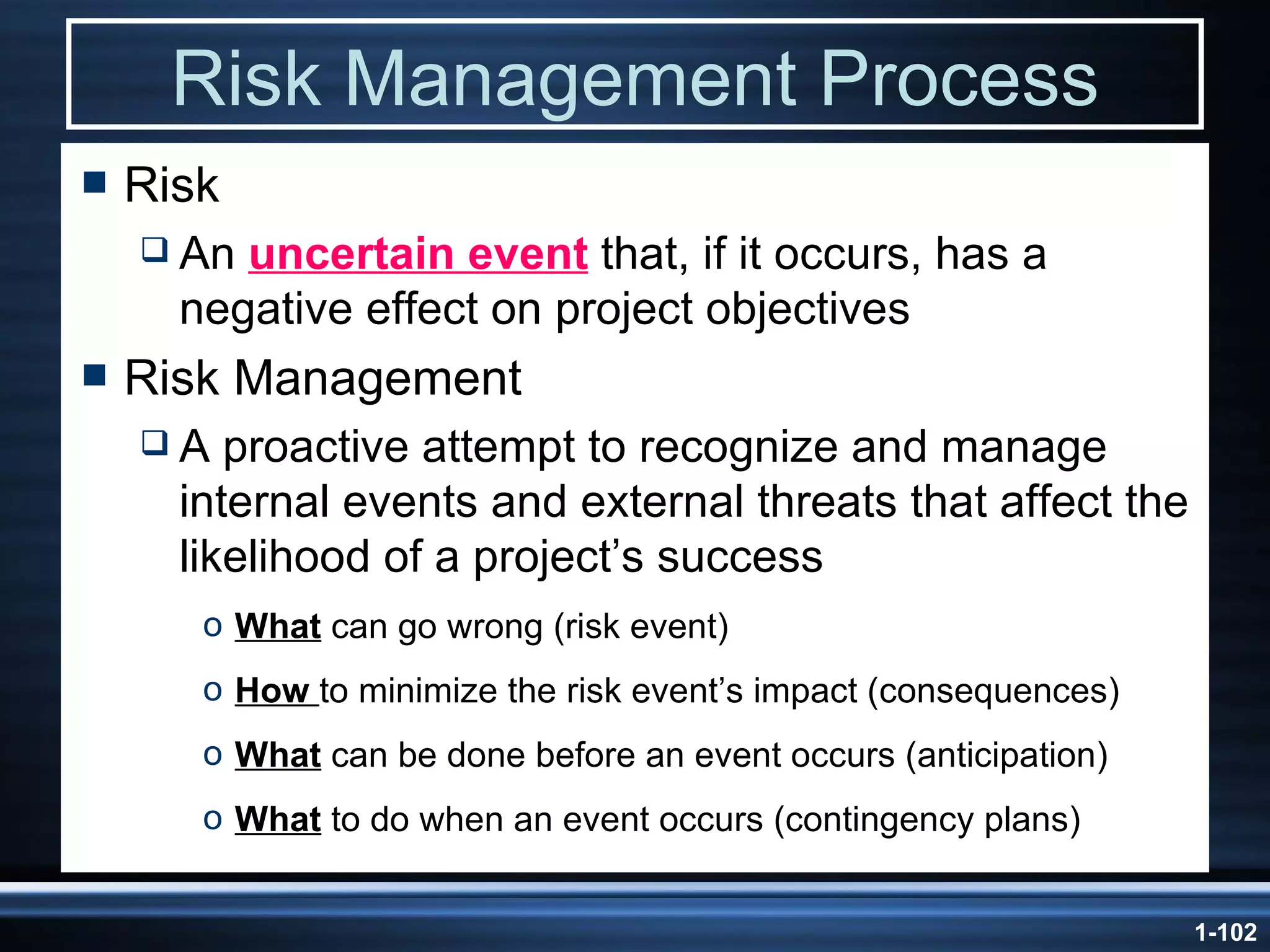 Risk Management Process Risk An  uncertain event  that, if it occurs, has a negative effect on project objectives Risk Management A proactive attempt to recognize and manage internal events and external threats that affect the likelihood of a project’s success What  can go wrong (risk event) How  to minimize the risk event’s impact (consequences) What  can be done before an event occurs (anticipation) What  to do when an event occurs (contingency plans) 