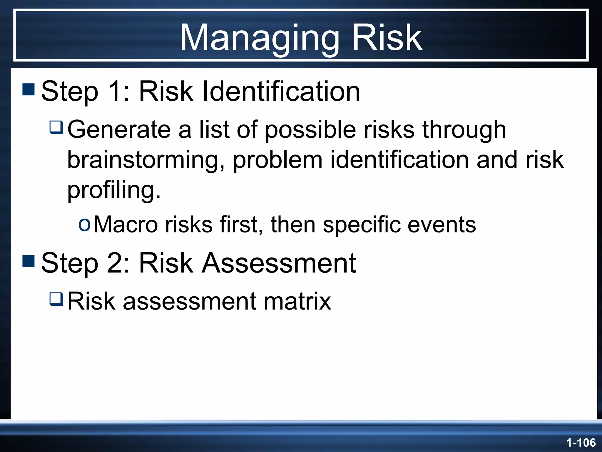 Managing Risk Step 1: Risk Identification Generate a list of possible risks through brainstorming, problem identification and risk profiling. Macro risks first, then specific events Step 2: Risk Assessment Risk assessment matrix 