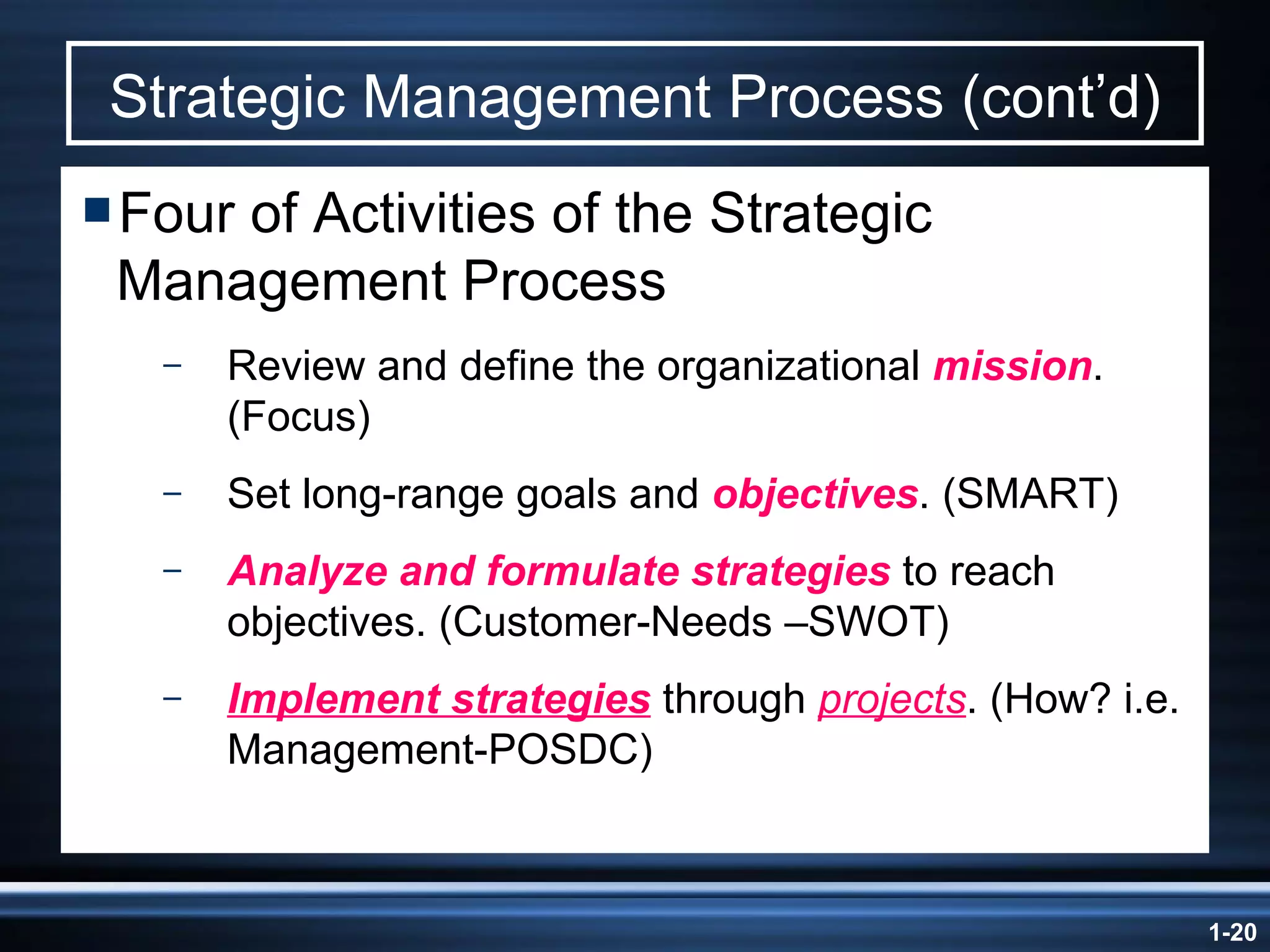 Strategic Management Process (cont’d) Four of Activities of the Strategic Management Process Review and define the organizational  mission . (Focus) Set long-range goals and  objectives . (SMART) Analyze and formulate strategies  to reach objectives. (Customer-Needs –SWOT) Implement strategies  through  projects . (How? i.e. Management-POSDC) 