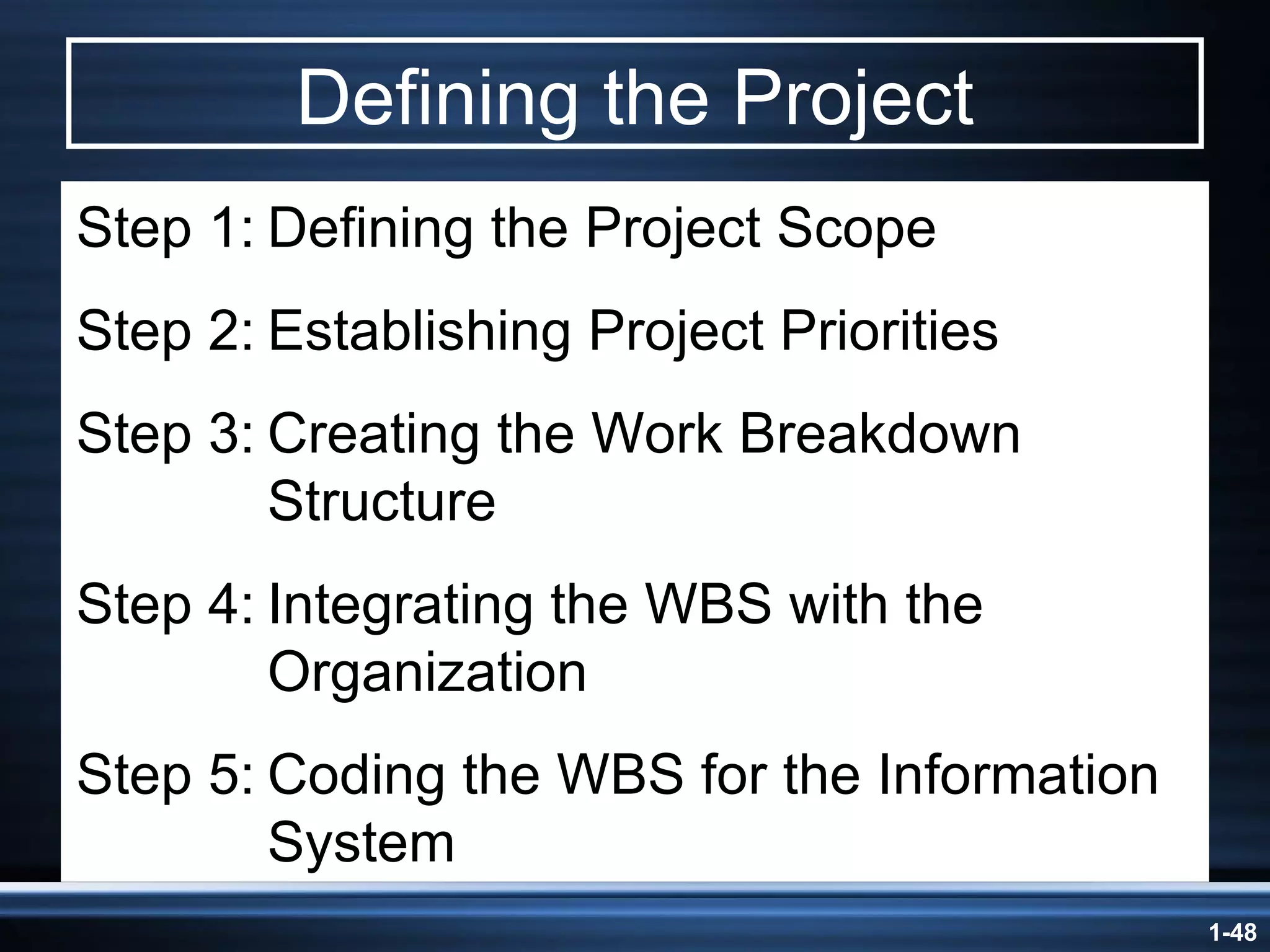 Defining the Project Step 1: Defining the Project Scope Step 2: Establishing Project Priorities Step 3: Creating the Work Breakdown Structure Step 4: Integrating the WBS with the Organization Step 5: Coding the WBS for the Information System 