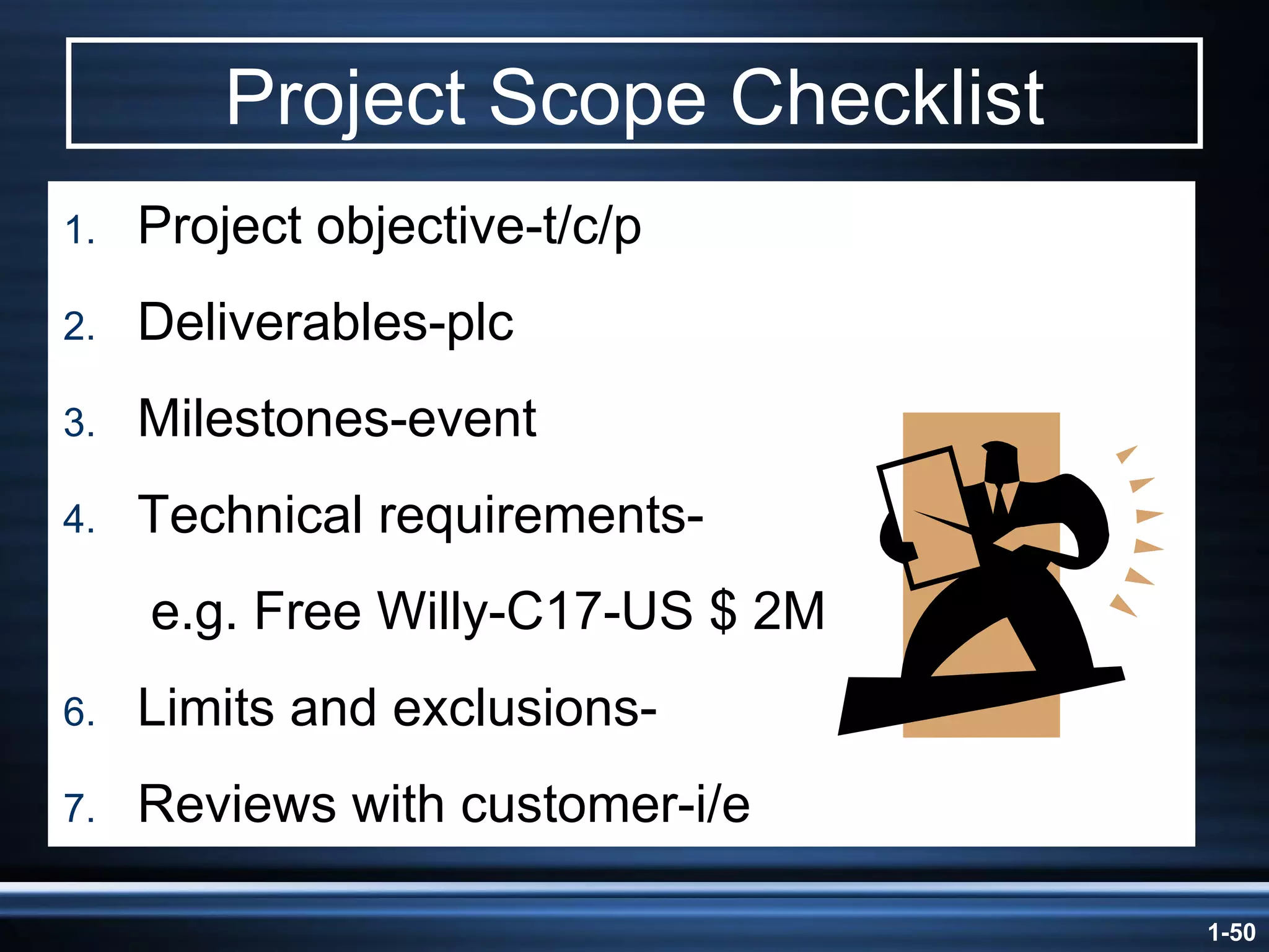 Project Scope Checklist Project objective-t/c/p Deliverables-plc Milestones-event Technical requirements- e.g. Free Willy-C17-US $ 2M Limits and exclusions- Reviews with customer-i/e 
