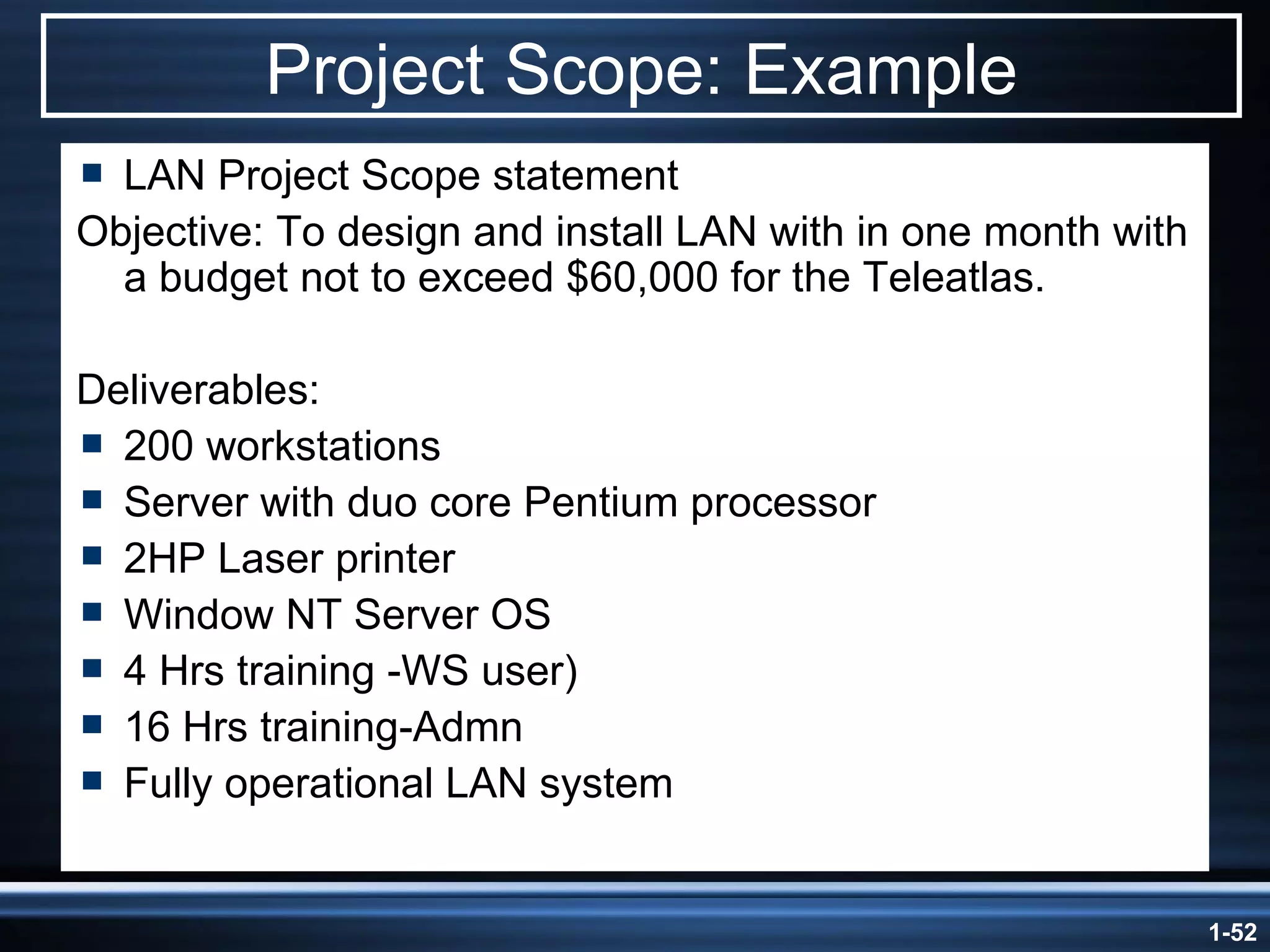 Project Scope: Example LAN Project Scope statement Objective: To design and install LAN with in one month with a budget not to exceed $60,000 for the Teleatlas. Deliverables:  200 workstations  Server with duo core Pentium processor 2HP Laser printer Window NT Server OS 4 Hrs training -WS user) 16 Hrs training-Admn Fully operational LAN system 