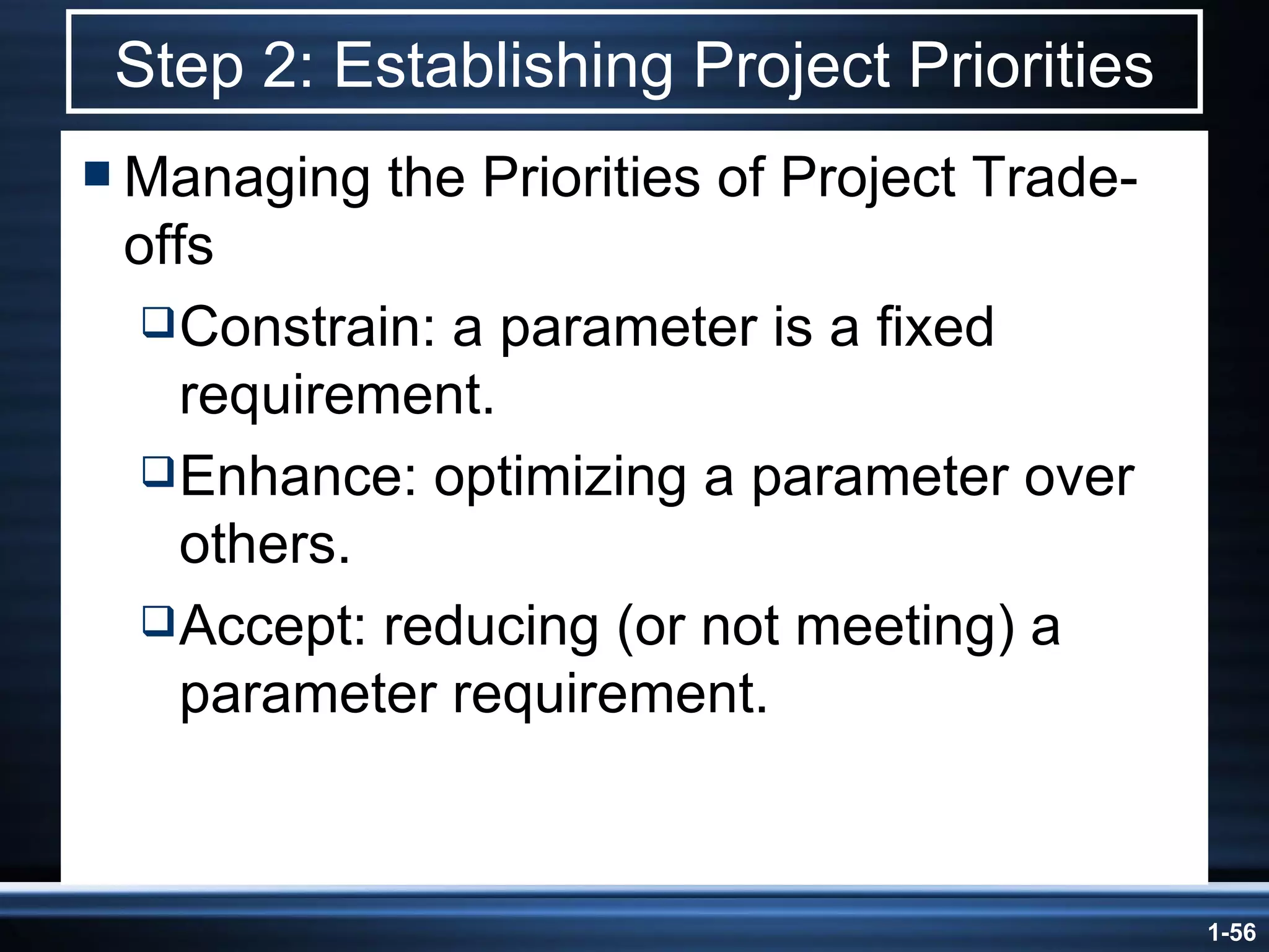 Step 2: Establishing Project Priorities Managing the Priorities of Project Trade-offs Constrain: a parameter is a fixed requirement. Enhance: optimizing a parameter over others. Accept: reducing (or not meeting) a parameter requirement. 