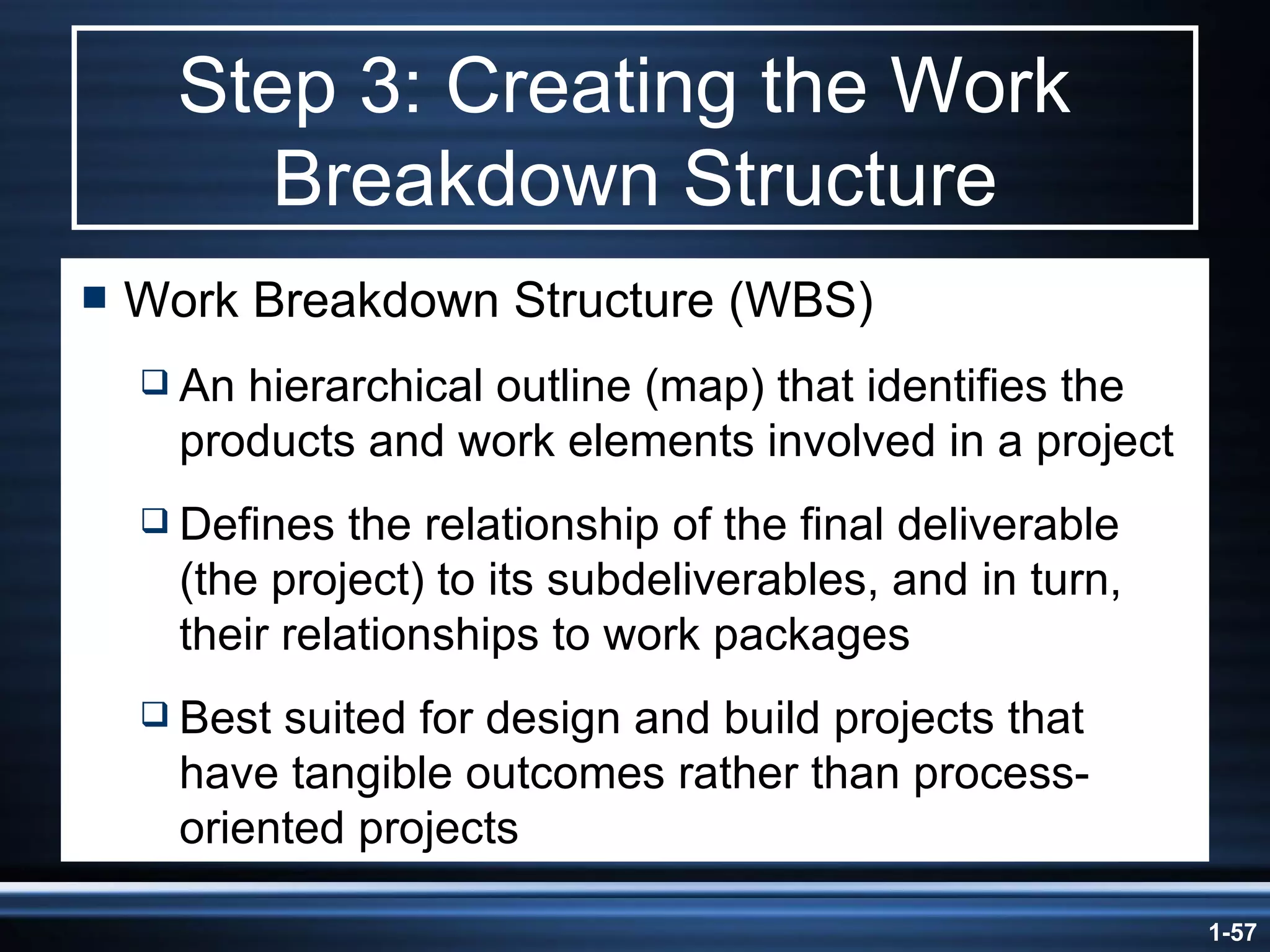 Step 3: Creating the Work  Breakdown Structure Work Breakdown Structure (WBS) An hierarchical outline (map) that identifies the products and work elements involved in a project Defines the relationship of the final deliverable (the project) to its subdeliverables, and in turn, their relationships to work packages Best suited for design and build projects that have tangible outcomes rather than process-oriented projects 