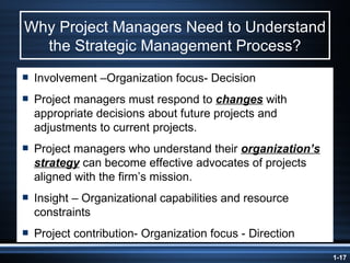 Why Project Managers Need to Understand the Strategic Management Process? Involvement –Organization focus- Decision Project managers must respond to  changes  with appropriate decisions about future projects and adjustments to current projects. Project managers who understand their  organization’s strategy  can become effective advocates of projects aligned with the firm’s mission. Insight – Organizational capabilities and resource constraints Project contribution- Organization focus - Direction 