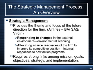 The Strategic Management Process:  An Overview Strategic Management Provides the theme and focus of the future direction for the firm. (Airlines – BA/ SAS/ Virgin) Responding to changes  in the external environment—environmental scanning Allocating scarce resources  of the firm to improve its competitive position—internal responses to new action programs Requires strong links among mission, goals, objectives, strategy, and implementation. 