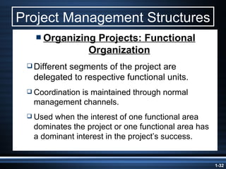 Project Management Structures Organizing Projects: Functional Organization Different segments of the project are delegated to respective functional units. Coordination is maintained through normal management channels. Used when the interest of one functional area dominates the project or one functional area has a dominant interest in the project’s success. 