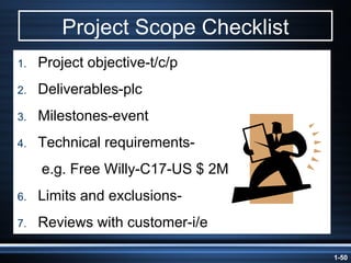 Project Scope Checklist Project objective-t/c/p Deliverables-plc Milestones-event Technical requirements- e.g. Free Willy-C17-US $ 2M Limits and exclusions- Reviews with customer-i/e 