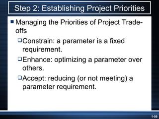 Step 2: Establishing Project Priorities Managing the Priorities of Project Trade-offs Constrain: a parameter is a fixed requirement. Enhance: optimizing a parameter over others. Accept: reducing (or not meeting) a parameter requirement. 