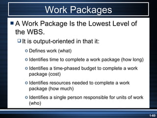 Work Packages A Work Package Is the Lowest Level of the WBS. It is output-oriented in that it: Defines work (what) Identifies time to complete a work package (how long) Identifies a time-phased budget to complete a work package (cost) Identifies resources needed to complete a work package (how much) Identifies a single person responsible for units of work (who) 