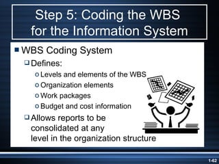 Step 5: Coding the WBS  for the Information System WBS Coding System Defines: Levels and elements of the WBS Organization elements Work packages Budget and cost information Allows reports to be consolidated at any  level in the organization structure 