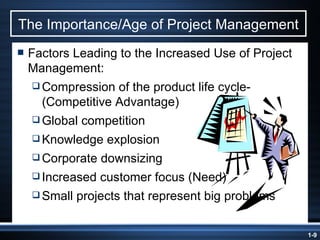 The Importance/Age of Project Management Factors Leading to the Increased Use of Project Management: Compression of the product life cycle-(Competitive Advantage) Global competition  Knowledge explosion Corporate downsizing  Increased customer focus (Need) Small projects that represent big problems 