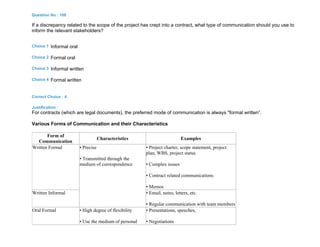 Question No : 108
If a discrepancy related to the scope of the project has crept into a contract, what type of communication should you use to
inform the relevant stakeholders?
Choice 1 Informal oral
Choice 2 Formal oral
Choice 3 Informal written
Choice 4 Formal written
Correct Choice : 4
Justification :
For contracts (which are legal documents), the preferred mode of communication is always "formal written”.
Various Forms of Communication and their Characteristics
Form of
Communication
Characteristics Examples
Written Formal • Precise
• Transmitted through the
medium of correspondence
• Project charter, scope statement, project
plan, WBS, project status
• Complex issues
• Contract related communications
• Memos
Written Informal • Email, notes, letters, etc.
• Regular communication with team members
Oral Formal • High degree of flexibility
• Use the medium of personal
• Presentations, speeches,
• Negotiations
 