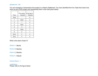 Question No : 164
You are managing a transmission line project in a Historic Settlement. You have identified the Five Tasks that need to be
done as part of this project and represented them in the chart given below:
What is the slack of task 3?
Choice 1 1 Month
Choice 2 0 Months
Choice 3 2 Months
Choice 4 -1 Month
Correct Choice : 1
Justification :
Please refer to the figure below:
 
