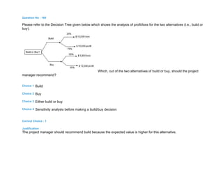 Question No : 169
Please refer to the Decision Tree given below which shows the analysis of profit/loss for the two alternatives (i.e., build or
buy).
Which, out of the two alternatives of build or buy, should the project
manager recommend?
Choice 1 Build
Choice 2 Buy
Choice 3 Either build or buy
Choice 4 Sensitivity analysis before making a build/buy decision
Correct Choice : 1
Justification :
The project manager should recommend build because the expected value is higher for this alternative.
 