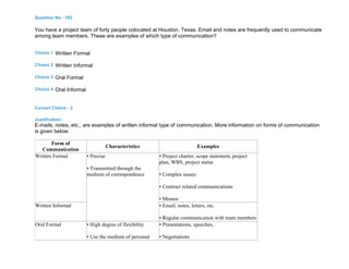 Question No : 192
You have a project team of forty people colocated at Houston, Texas. Email and notes are frequently used to communicate
among team members. These are examples of which type of communication?
Choice 1 Written Formal
Choice 2 Written Informal
Choice 3 Oral Formal
Choice 4 Oral Informal
Correct Choice : 2
Justification :
E-mails, notes, etc., are examples of written informal type of communication. More information on forms of communication
is given below:
Form of
Communication
Characteristics Examples
Written Formal • Precise
• Transmitted through the
medium of correspondence
• Project charter, scope statement, project
plan, WBS, project status
• Complex issues
• Contract related communications
• Memos
Written Informal • Email, notes, letters, etc.
• Regular communication with team members
Oral Formal • High degree of flexibility
• Use the medium of personal
• Presentations, speeches,
• Negotiations
 