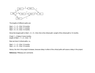 The lengths of different paths are:
Start→ 1→ 2→ End: 10 months
Start→ 3→ 5→ End: 11 months
Start→ 4→ 5→ End: 12 months
Since the longest path is Start→ 4→ 5→ End, this is the critical path. Length of the critical path is 12 months.
If task 1→ 2 takes 2 more months,
length of Start→ 1→ 2→ End : 12
Now we have 2 critical paths, i.e.,
Start→ 1→ 2→ End: 12 months
Start→ 4→ 5→ End: 12 months
Hence, the risk in the project increases, because delay in either of the critical paths will cause a delay in the project.
Reference: PMstudy.com comments
 