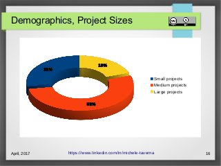 April, 2017 16
Demographics, Project Sizes
https://www.linkedin.com/in/michele-taverna
28%
53%
19%
Small projects
Medium projects
Large projects
 