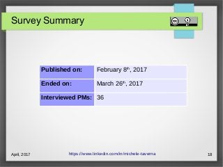 April, 2017 18
Published on: February 8th
, 2017
Ended on: March 26th
, 2017
Interviewed PMs: 36
Survey Summary
https://www.linkedin.com/in/michele-taverna
 
