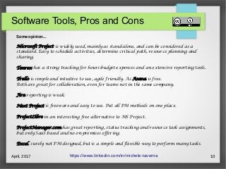 April, 2017 10
Software Tools, Pros and Cons
https://www.linkedin.com/in/michele-taverna
Some opinion...
Microsoft Project...