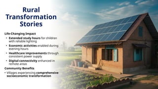 Rural
Transformation
Stories
Life-Changing Impact
• Extended study hours for children
with reliable lighting
• Economic activities enabled during
evening hours
• Healthcare improvements through
consistent power supply
• Digital connectivity enhanced in
remote areas
Community Benefits
• Villages experiencing comprehensive
socioeconomic transformation
 