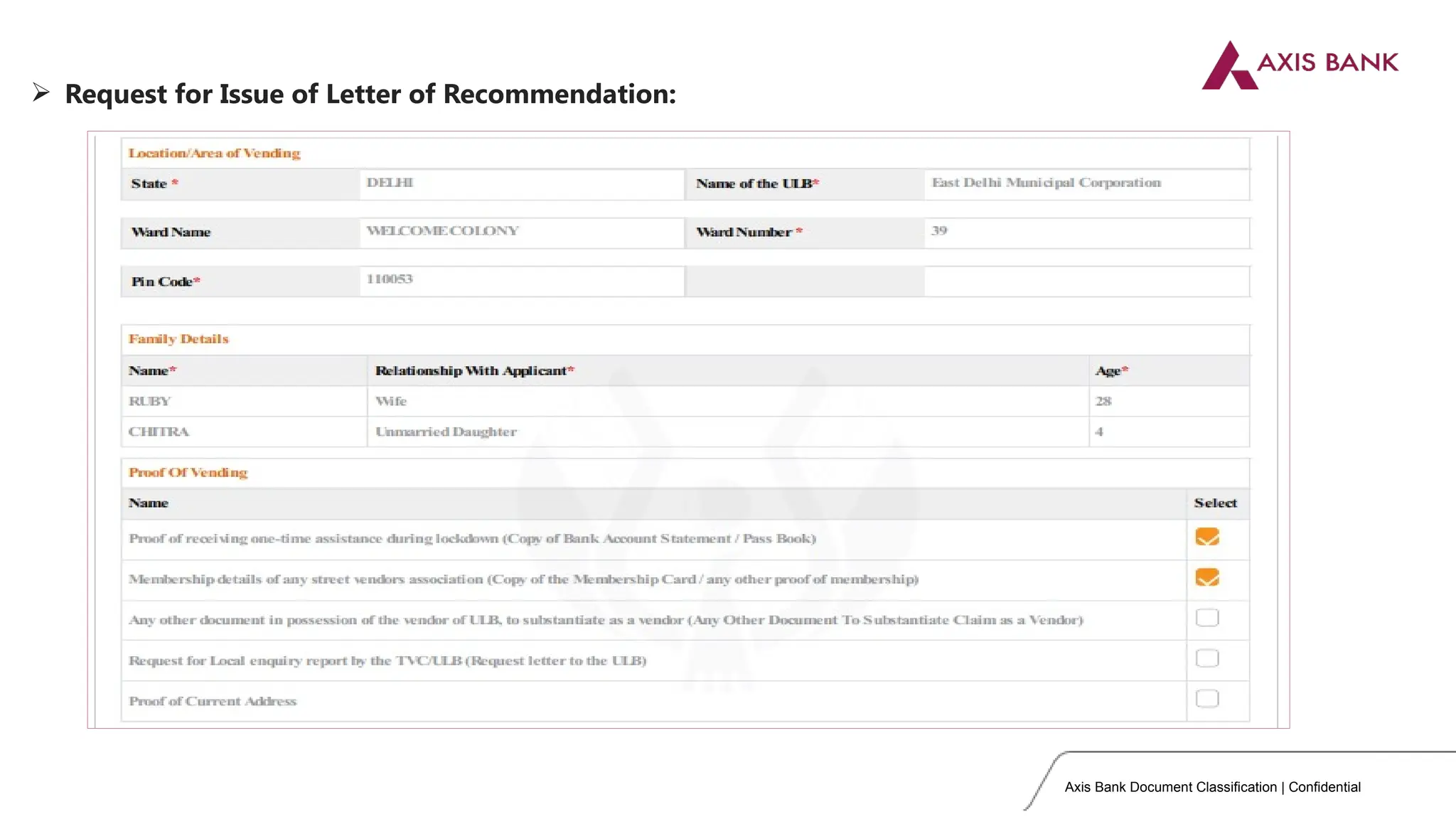 Axis Bank Document Classification | Confidential
 Request for Issue of Letter of Recommendation:
 