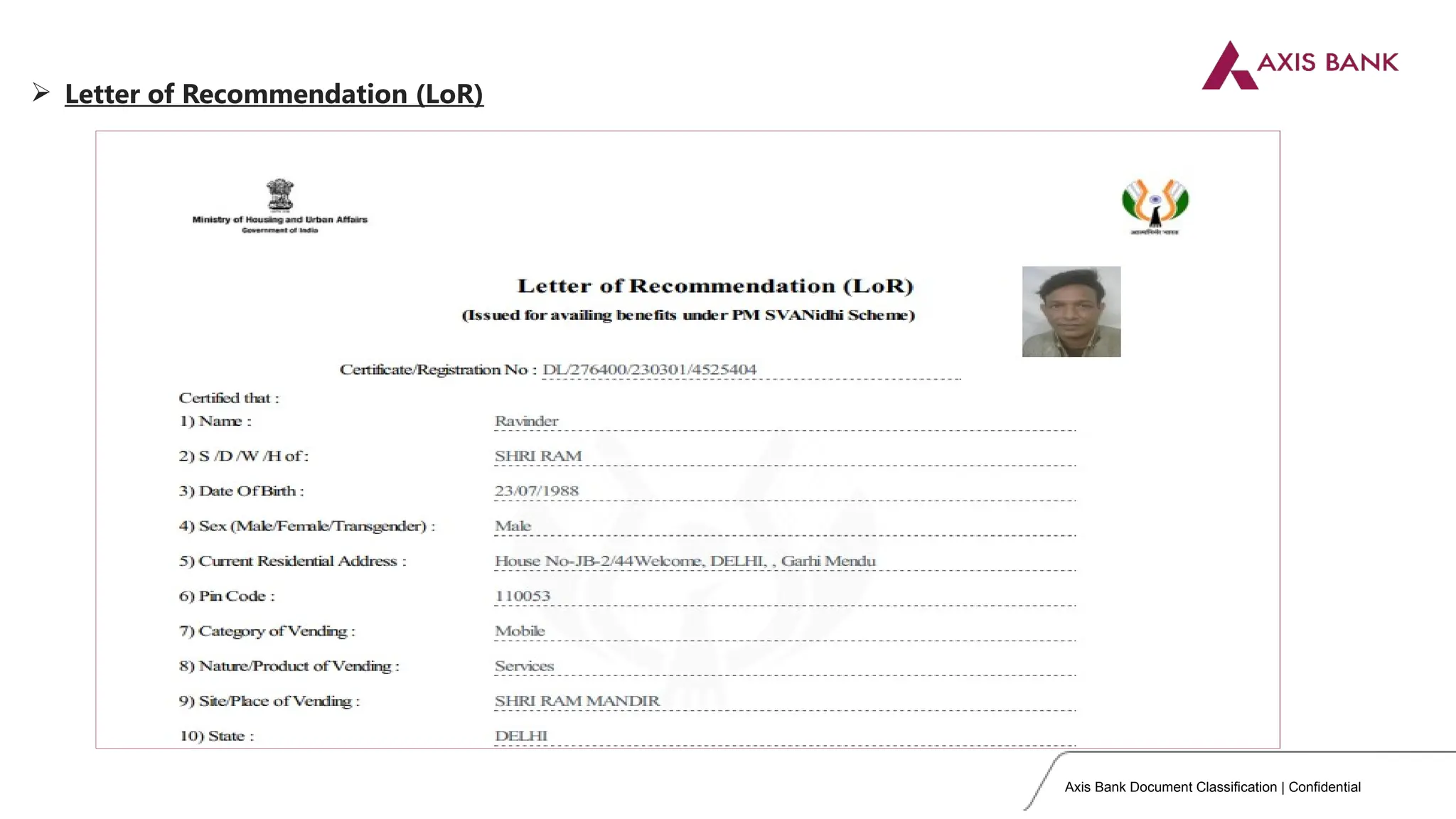 Axis Bank Document Classification | Confidential
 Letter of Recommendation (LoR)
 