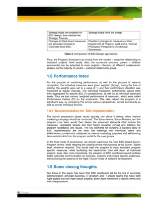 Strategy Maps are enablers for       Strategy Maps drive the design
          BSC design; they validate the
          Strategic Themes.
          Changes to Dash board measures       Flexible to changes to measures or their
          are generally minimal at             targets both at Projects’ level and at ‘Internal
          Corporate level BSC.                 Processes’ Perspective of individual
                                               Scorecards.
                         Table 2: Comparison of BSC Design approaches

         Thus, the Program Scorecard can evolve from the vendor – customer relationship to
         individual projects’ level easily. Also, the scorecard structure (parent – children
         scorecards) can be extended to more projects / Scrums, at different ‘coalescence’
         phases, as the maturity of vendor – customer relationship grows.


         1.8 Performance Index
         For the purpose of monitoring performance, as well for the purpose of rewards
         recognition, the individual measures were given ‘weights’ (though, during the time of
         piloting, the weights were set to a value of 1) and their performance deviation was
         measured at regular intervals. The individual measures’ performance values were
         then aggregated for specific BSC (4) perspectives, as well as at individual scorecard
         levels. Thus we had various ‘weighted performance of measures’, which were called
         Performance Indices (PI) on the scorecards. This idea helped the program in a
         significant way, by comparing PIs across various perspectives, across scorecards as
         well as across individual Scrums.

         1.8.1 Recommendation for BSC Implementation
         The launch preparation phase would typically last about 4 weeks, when internal
         marketing campaign should be conducted. The Scrum teams, Scrum Masters, and the
         program core team would then freeze the scorecard elements (that include the
         measures, negotiated targets and their target deviation zones) and address the
         program roadblocks and issues. The key elements for scripting a success story of
         BSC implementation are the town hall meetings with individual teams and
         stakeholders, content-rich collaterals for internal marketing purposes and self-running
         demonstration kits from the program portal for the user groups.

         In the final mode of governance, we should superpose the new BSC based Scrum-
         Program review, while retaining the existing review mechanisms at the Scrum / Sprint
         level, wherever required. This would help the program to track important program
         specific measures, while facilitating the need-driven data drill down at individual
         projects’ level. Also more importantly, the adoption of BSC dashboard would facilitate
         better corporate communication on business, program and project specific audiences,
         without losing the essence of the Agile / Scrum mode of software development.


         1.9 Some closing thoughts
         Our focus in this paper has been that BSC dashboard will be the link in corporate
         communication amongst business, IT-program and IT-project teams that have both
         Agile based and non-Agile based projects, given Agile framework’s specific terms and
         their interpretations.



9|Page
 