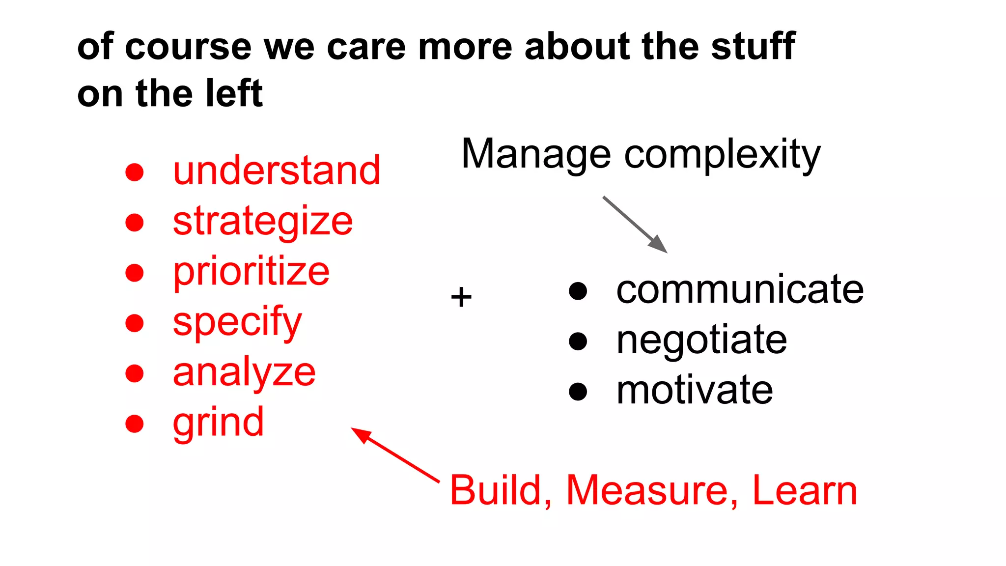 of course we care more about the stuff
on the left

●
●
●
●
●
●

understand
strategize
prioritize
specify
analyze
grind

Manage complexity
+

● communicate
● negotiate
● motivate

Build, Measure, Learn

 