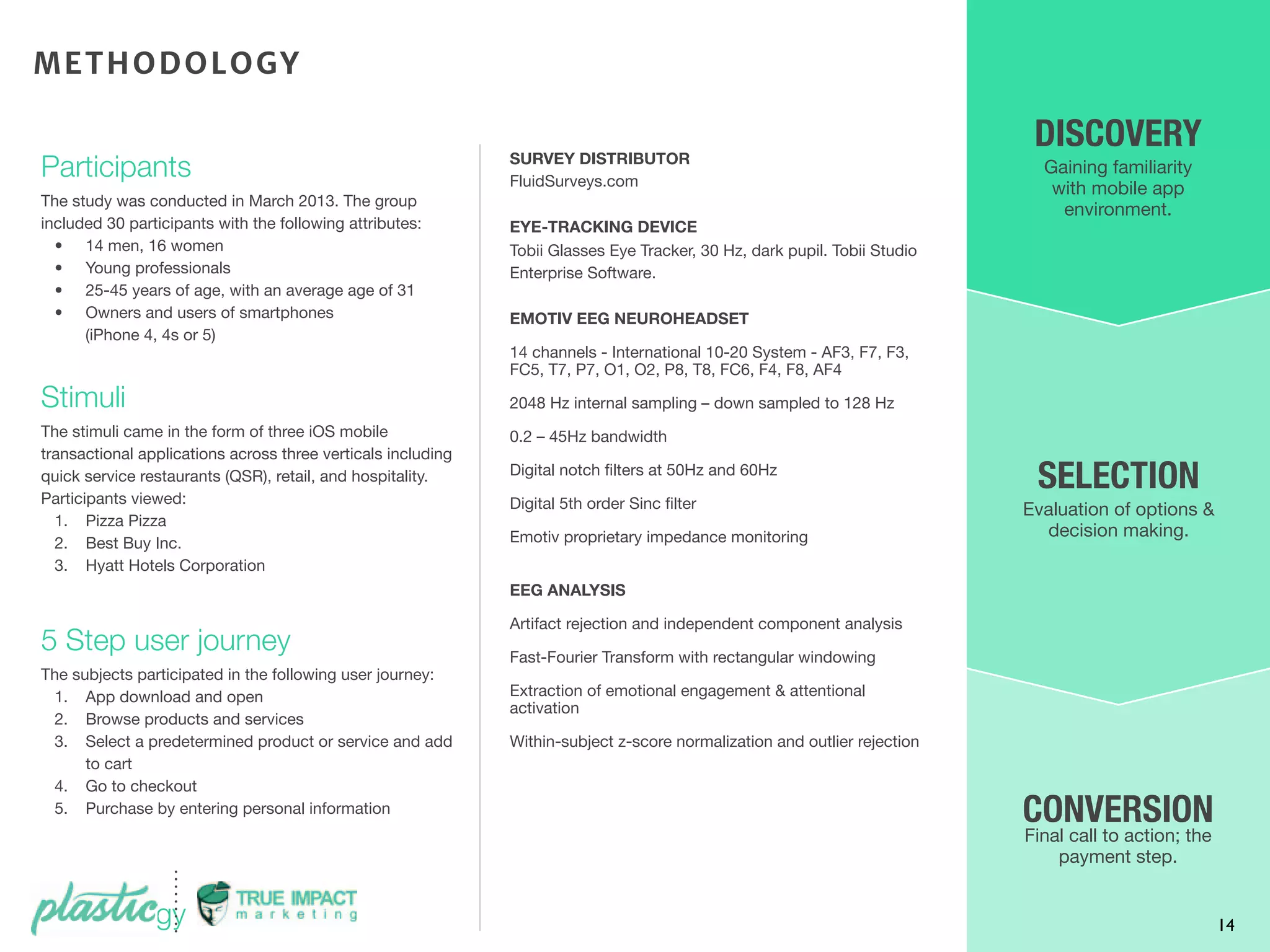 Participants
The study was conducted in March 2013. The group
included 30 participants with the following attributes:
• 14 men, 16 women
• Young professionals
• 25-45 years of age, with an average age of 31
• Owners and users of smartphones
(iPhone 4, 4s or 5)
Stimuli
The stimuli came in the form of three iOS mobile
transactional applications across three verticals including
quick service restaurants (QSR), retail, and hospitality.
Participants viewed:
1. Pizza Pizza
2. Best Buy Inc.
3. Hyatt Hotels Corporation
5 Step user journey
The subjects participated in the following user journey:
1. App download and open
2. Browse products and services
3. Select a predetermined product or service and add
to cart
4. Go to checkout
5. Purchase by entering personal information
Technology
SURVEY DISTRIBUTOR
FluidSurveys.com
EYE-TRACKING DEVICE
Tobii Glasses Eye Tracker, 30 Hz, dark pupil. Tobii Studio
Enterprise Software.
EMOTIV EEG NEUROHEADSET
14 channels - International 10-20 System - AF3, F7, F3,
FC5, T7, P7, O1, O2, P8, T8, FC6, F4, F8, AF4
2048 Hz internal sampling – down sampled to 128 Hz
0.2 – 45Hz bandwidth
Digital notch ﬁlters at 50Hz and 60Hz
Digital 5th order Sinc ﬁlter
Emotiv proprietary impedance monitoring
EEG ANALYSIS
Artifact rejection and independent component analysis
Fast-Fourier Transform with rectangular windowing
Extraction of emotional engagement & attentional
activation
Within-subject z-score normalization and outlier rejection
SELECTION
Evaluation of options &
decision making.
DISCOVERY
Gaining familiarity
with mobile app
environment.
CONVERSION
Final call to action; the
payment step.
METHODOLOGY
Technology 14
 