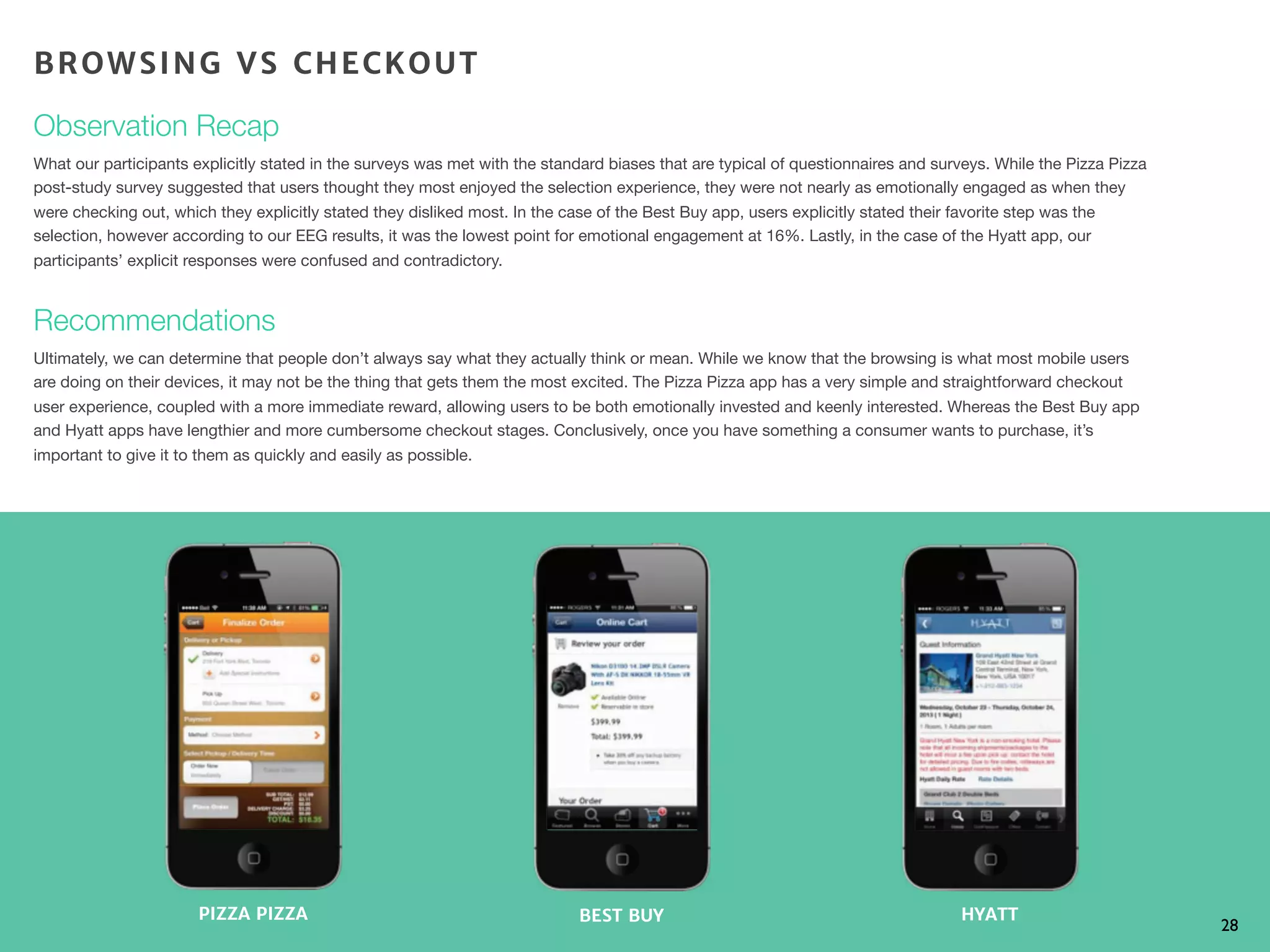 Observation Recap
What our participants explicitly stated in the surveys was met with the standard biases that are typical of questionnaires and surveys. While the Pizza Pizza
post-study survey suggested that users thought they most enjoyed the selection experience, they were not nearly as emotionally engaged as when they
were checking out, which they explicitly stated they disliked most. In the case of the Best Buy app, users explicitly stated their favorite step was the
selection, however according to our EEG results, it was the lowest point for emotional engagement at 16%. Lastly, in the case of the Hyatt app, our
participants’ explicit responses were confused and contradictory.
Recommendations
Ultimately, we can determine that people don’t always say what they actually think or mean. While we know that the browsing is what most mobile users
are doing on their devices, it may not be the thing that gets them the most excited. The Pizza Pizza app has a very simple and straightforward checkout
user experience, coupled with a more immediate reward, allowing users to be both emotionally invested and keenly interested. Whereas the Best Buy app
and Hyatt apps have lengthier and more cumbersome checkout stages. Conclusively, once you have something a consumer wants to purchase, it’s
important to give it to them as quickly and easily as possible.
28
PIZZA PIZZA BEST BUY HYATT
BROWSING VS CHECKOUT
 