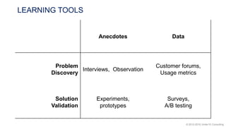 © 2012-2018 Under10 Consulting
LEARNING TOOLS
Anecdotes Data
Problem
Discovery
Interviews, Observation
Customer forums,
Usage metrics
Solution
Validation
Experiments,
prototypes
Surveys,
A/B testing
 