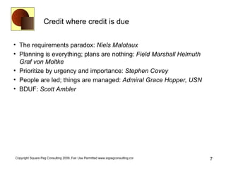 Credit where credit is due The requirements paradox:  Niels Malotaux Planning is everything; plans are nothing:  Field Marshall Helmuth Graf von Moltke Prioritize by urgency and importance:  Stephen Covey People are led; things are managed:  Admiral Grace Hopper, USN BDUF:  Scott Ambler 