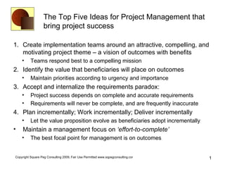 The Top Five Ideas for Project Management that bring project success ,[object Object],[object Object],[object Object],[object Object],[object Object],[object Object],[object Object],[object Object],[object Object],[object Object],[object Object]