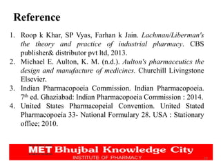 Reference
27
1. Roop k Khar, SP Vyas, Farhan k Jain. Lachman/Liberman's
the theory and practice of industrial pharmacy. CBS
publisher& distributor pvt ltd, 2013.
2. Michael E. Aulton, K. M. (n.d.). Aulton's pharmaceutics the
design and manufacture of medicines. Churchill Livingstone
Elsevier.
3. Indian Pharmacopoeia Commission. Indian Pharmacopoeia.
7th ed. Ghaziabad: Indian Pharmacopoeia Commission : 2014.
4. United States Pharmacopeial Convention. United Stated
Pharmacopoeia 33- National Formulary 28. USA : Stationary
office; 2010.
 