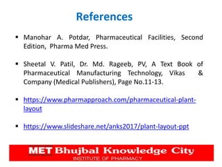 References
 Manohar A. Potdar, Pharmaceutical Facilities, Second
Edition, Pharma Med Press.
 Sheetal V. Patil, Dr. Md. Rageeb, PV, A Text Book of
Pharmaceutical Manufacturing Technology, Vikas &
Company (Medical Publishers), Page No.11-13.
 https://www.pharmapproach.com/pharmaceutical-plant-
layout
 https://www.slideshare.net/anks2017/plant-layout-ppt
 