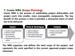 7. Create WBS (Scope Planning) 
Create WBS is the process of subdividing project deliverables and 
project work into smaller, more manageable components. The key 
benefit of this process is that it provides a structured vision of what 
has to be delivered. 
The WBS organizes and defines the total scope of the project, and 
represents the work specified in the current approved project scope 
statement. 
 