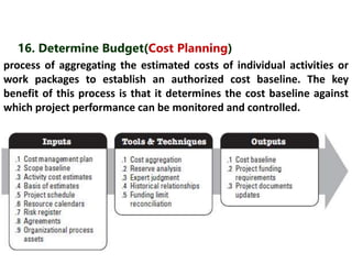 16. Determine Budget(Cost Planning) 
process of aggregating the estimated costs of individual activities or 
work packages to establish an authorized cost baseline. The key 
benefit of this process is that it determines the cost baseline against 
which project performance can be monitored and controlled. 
 