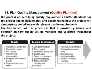 Cont. of Plan Quality Management (Quality Planning) 
Quality planning should be performed in parallel with the other 
plan...