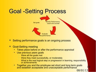 08/01/13
10
Goal -Setting ProcessGoal -Setting Process
Monitor Performance,
coach and counsel
Evaluate
the performance
Set goals
 Setting performance goals is an ongoing process
 Goal-Setting meeting
• Takes place before or after the performance appraisal
• Use previous years goals
• Were all the goals met
• Were they meet successfully, or moderately
• What is the next logical step or progression in learning, responsibility
or achievements
• Together you and the employee set short and long term goals
and establish acceptable and unacceptable performance
 