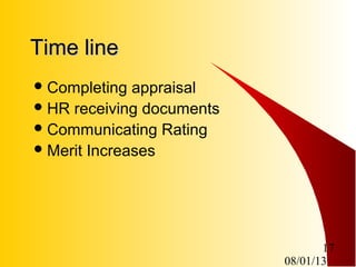 08/01/13
17
Time lineTime line
Completing appraisal
HR receiving documents
Communicating Rating
Merit Increases
 
