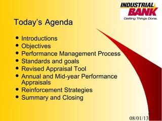 08/01/13
2
Today’sToday’s AgendaAgenda
 Introductions
 Objectives
 Performance Management Process
 Standards and goals
 Revised Appraisal Tool
 Annual and Mid-year Performance
Appraisals
 Reinforcement Strategies
 Summary and Closing
 